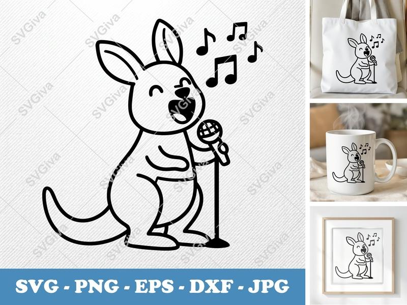 Kangaroo SVG Singing | Cute Modern Design | Music Notes | PNG, EPS, DXF for Cricut & Silhouette Machines, Animal Clipart