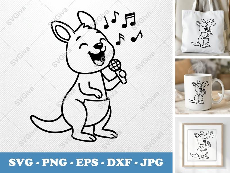 Kangaroo SVG, Singing Kangaroo with Microphone | PNG EPS DXF | Cricut Silhouette Cut File, Cute Animal Music Notes Vector