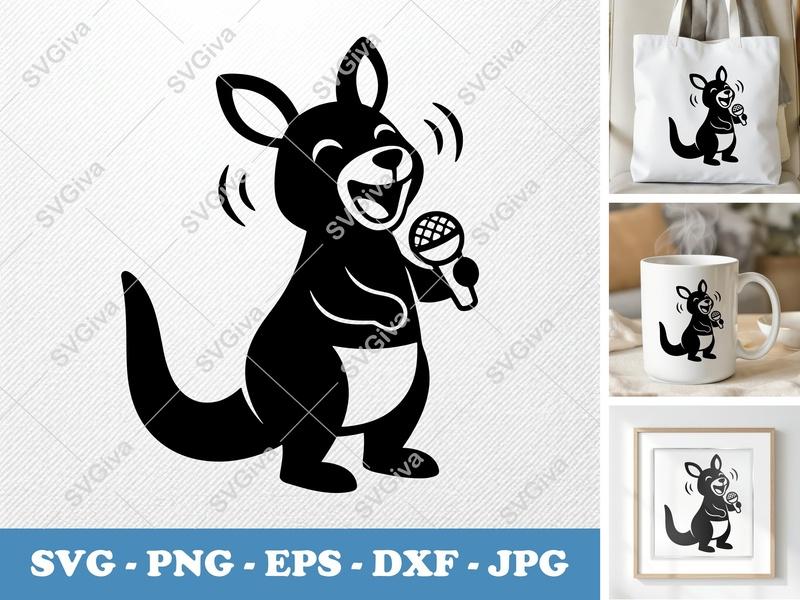 Kangaroo SVG | Singing Karaoke Mic, Modern Clean Design - PNG EPS DXF for Cricut & Silhouette, Animal Clipart