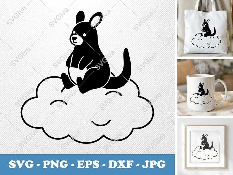 Kangaroo SVG Sitting on Cloud | Modern Clean Design | PNG EPS DXF | Cricut Silhouette Cut File