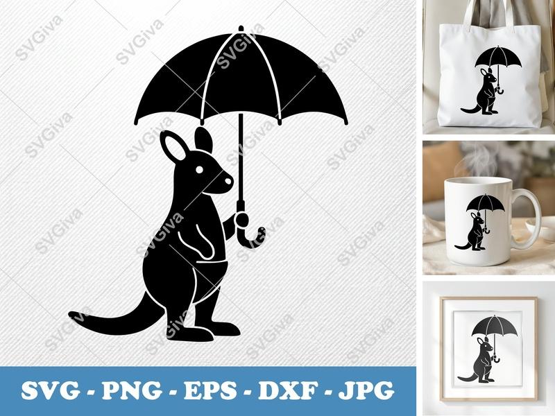 Kangaroo SVG | Umbrella Kangaroo Cut File | Modern Animal Clipart | PNG EPS DXF for Cricut, Silhouette