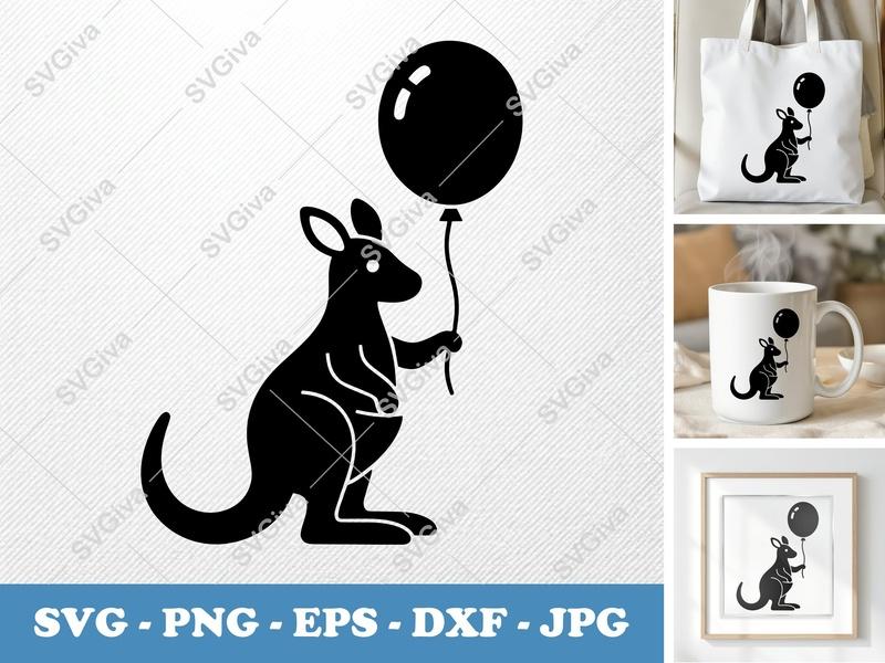 Kangaroo SVG with Balloon | Modern Animal Cut File | PNG EPS DXF for Cricut, Silhouette | Birthday Party Outline