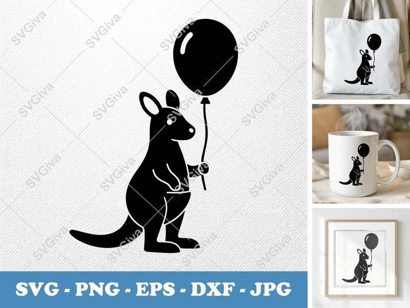 Kangaroo SVG with Balloon | Modern Clean Design | PNG, EPS, DXF | Cricut & Silhouette Cut File | Animal Clipart | Baby Shower
