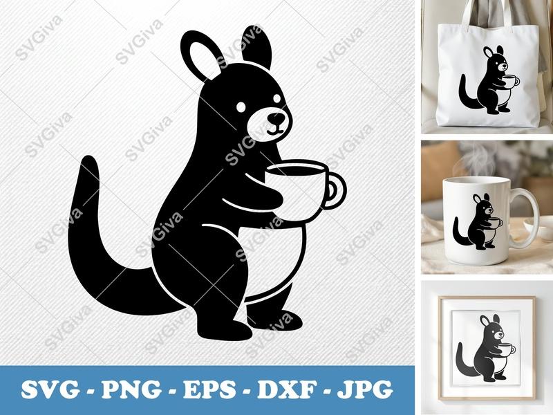 Kangaroo SVG with Coffee Mug | Modern Clean Design, Animal Clipart PNG EPS DXF for Cricut, Silhouette