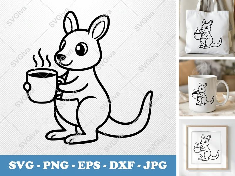 Kangaroo SVG with Coffee Mug | Modern Clean Design | PNG EPS DXF | Cricut Silhouette Cut File | Animal Clipart | Coffee Lover