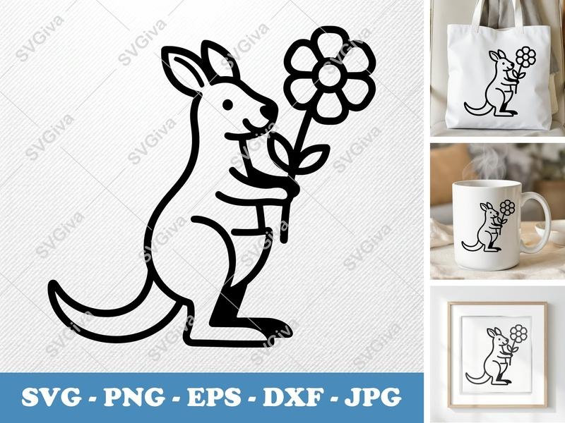 Kangaroo SVG with Flower | Modern Clean Line Art | PNG EPS DXF | Cricut & Silhouette Cut File | Animal Clipart Digital Download