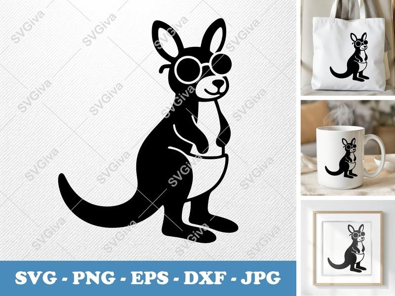 Kangaroo SVG with Glasses, Modern Clean Design | PNG EPS DXF | Cricut Silhouette Cut File, Animal Clipart