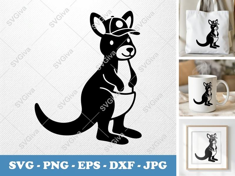 Kangaroo SVG with Hat | Modern Animal Vector Cut File | PNG EPS DXF | Cricut Silhouette Design | Joey in Pouch