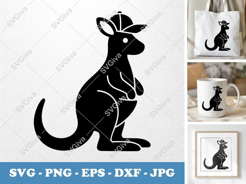 Kangaroo SVG with Hat, Modern Clean Design | PNG EPS DXF | Cricut Silhouette Cut File, Animal Clipart