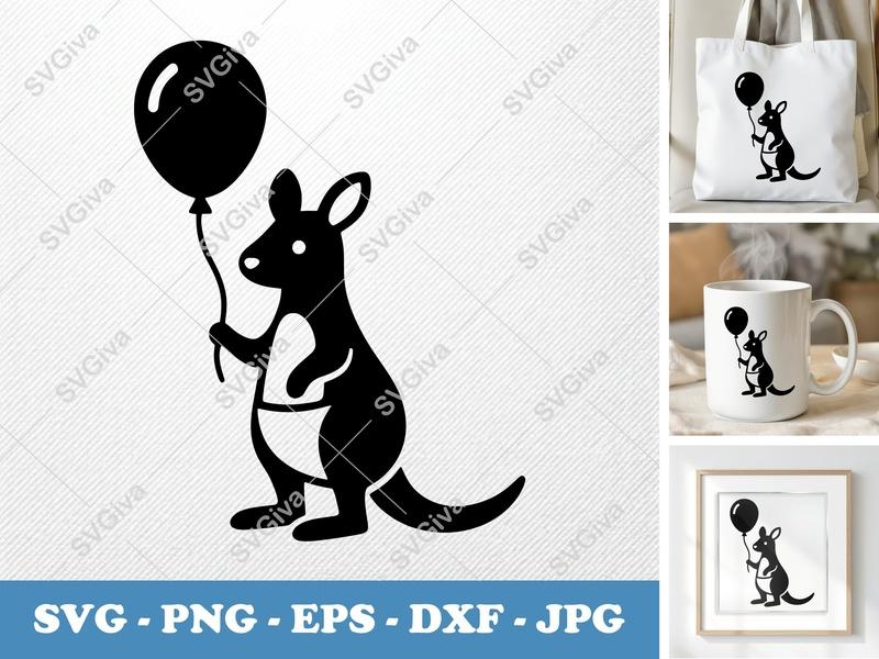 Kangaroo with Balloon SVG | Puffy Inflatable Style | PNG DXF EPS | Cricut Silhouette Cut File