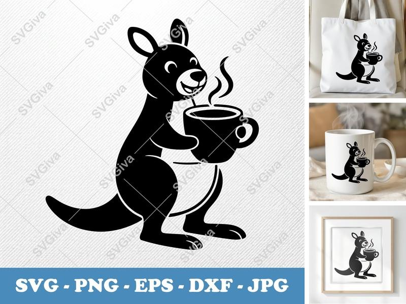 Kangaroo with Coffee Cup SVG | Puffy Soft Shapes | PNG DXF EPS | Cricut Silhouette File