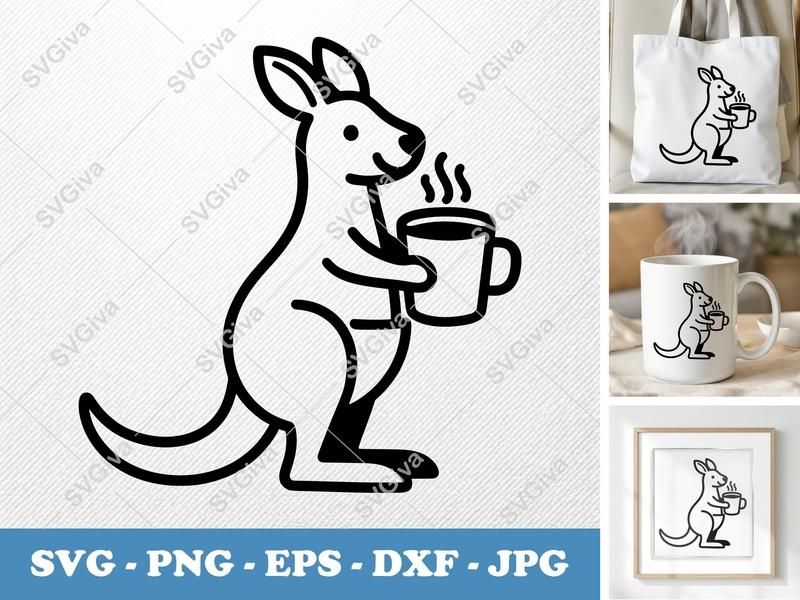 Kangaroo with Coffee Cup SVG | Rounded Bean-Shaped Friendly Cut File | PNG DXF EPS | Cricut Silhouette Design