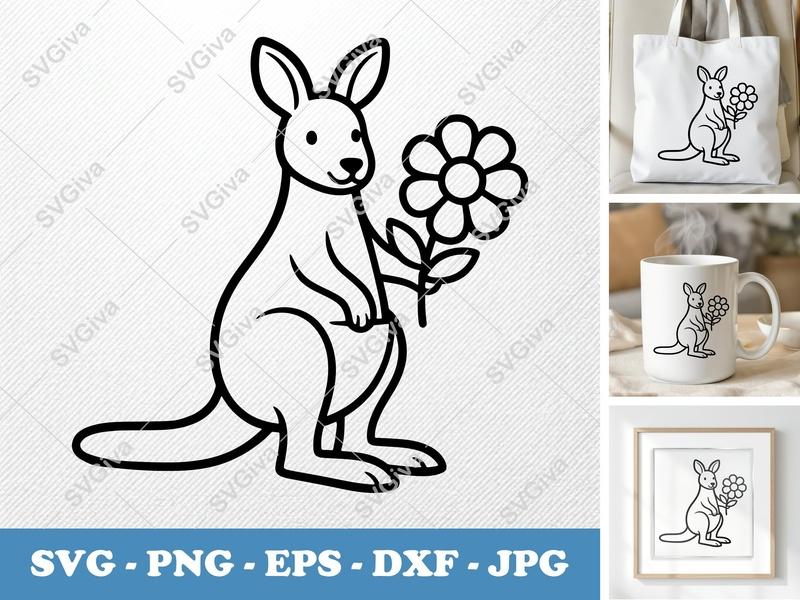 Kangaroo with Flower SVG, Friendly Bean-Shaped Cut File | PNG DXF EPS | Cricut Silhouette Ready