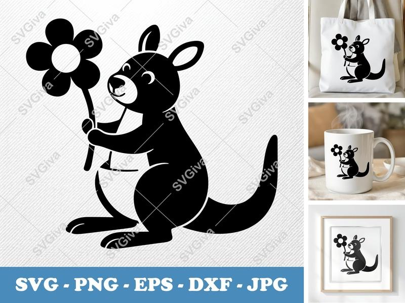 Kangaroo with Flower SVG | Puffy Shapes Cut File | Inflated Style PNG DXF EPS | Cricut Silhouette Design