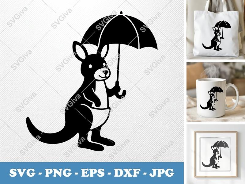 Kangaroo with Umbrella SVG, Cute Animal PNG, EPS, DXF | Modern Clean Cut File for Cricut & Silhouette