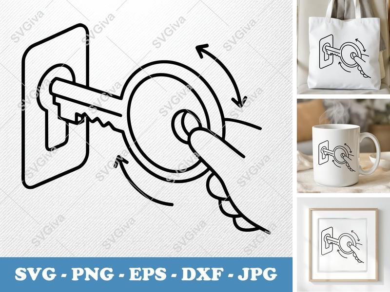 Key in active use SVG | Lock and Key Cut File, Turning Key Outline | PNG EPS DXF for Cricut, Silhouette, Vector Clipart