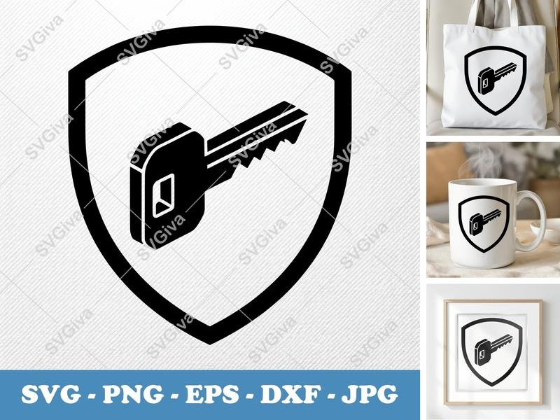 Key isometric angle SVG PNG EPS DXF | Minimal Shield Frame | Cricut Silhouette Cut File | Security Icon