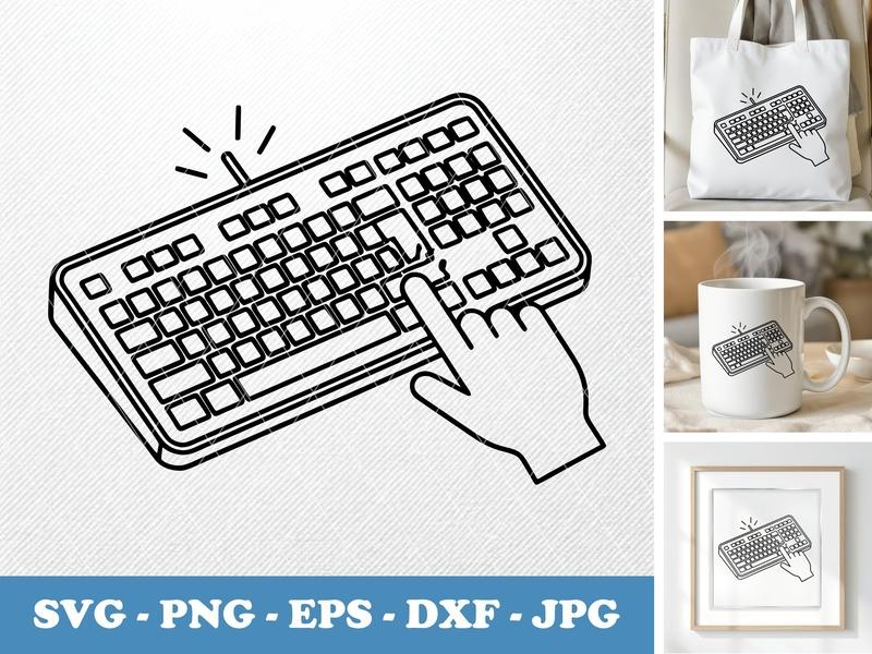 Keyboard in active use SVG, Typing Clipart, Double Outline Vector, PNG EPS DXF for Cricut, Silhouette, Work Icon