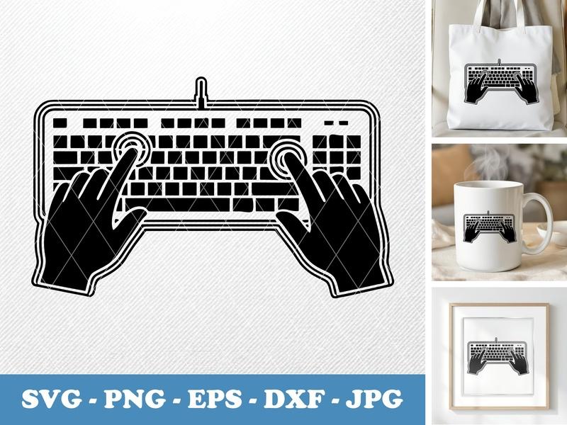 Keyboard in active use SVG | Typing Hands Icon | Solid Black Fill, White Contour | PNG EPS DXF for Cricut Silhouette