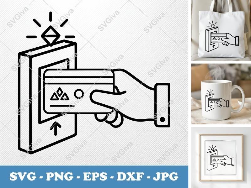 Keycard SVG | Access Card Reader, Hand Inserting Card, Modern Line Art | PNG EPS DXF for Cricut, Silhouette