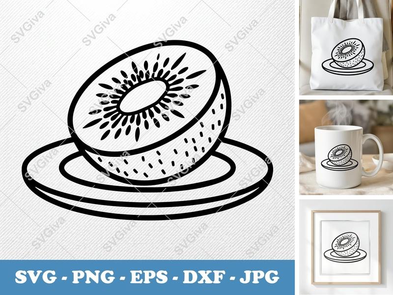 Kiwi on a Plate SVG | Rounded Bean Shape Cut File | Friendly Fruit Design | PNG DXF EPS | Cricut Silhouette