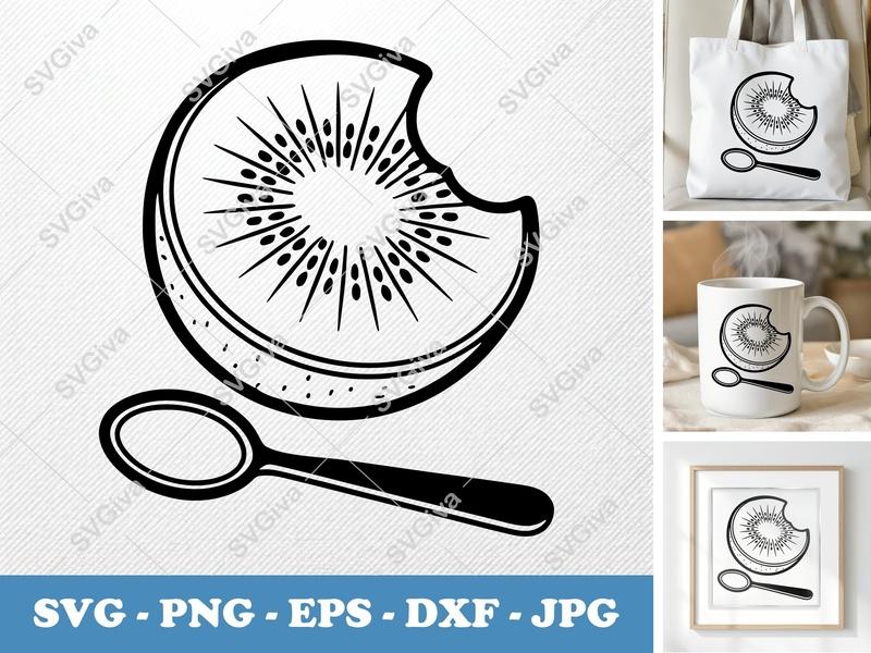 Kiwi SVG Bite Mark with Spoon, Modern Fruit Slice, PNG EPS DXF | Cricut Silhouette Cut File