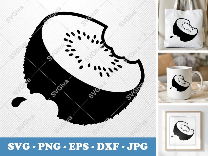 Kiwi SVG, Bitten Fruit Slice, Modern Design, PNG EPS DXF for Cricut & Silhouette, Digital Cut File