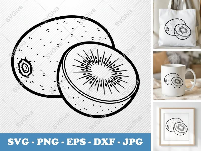 Kiwi SVG Outline, Whole & Sliced Fruit | PNG EPS DXF | Cricut Silhouette File, Modern Kitchen Decor, Healthy Food Clipart