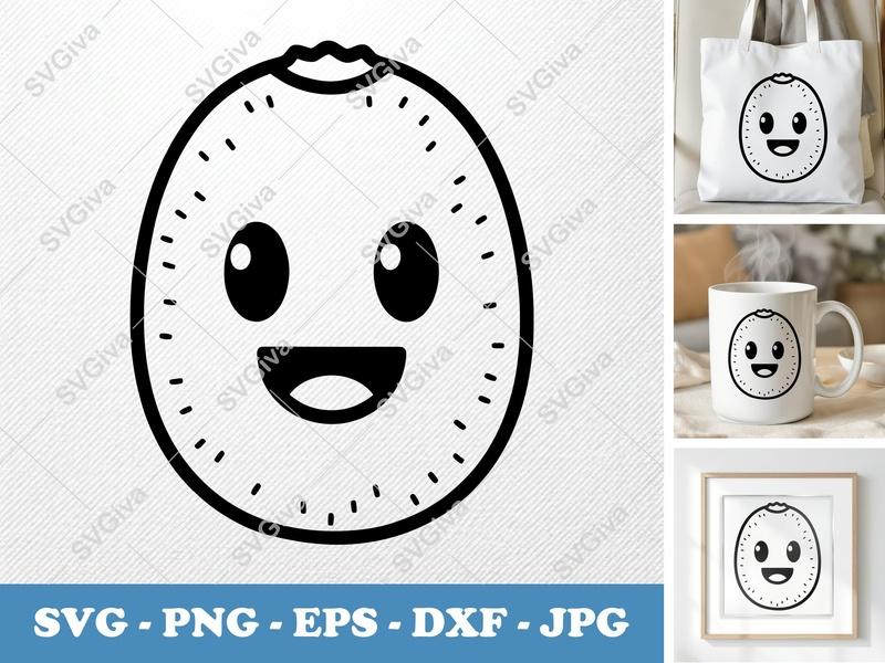Kiwi SVG, Smiling Face Fruit Cut File, Friendly Rounded Bean Form | PNG DXF EPS for Cricut Silhouette