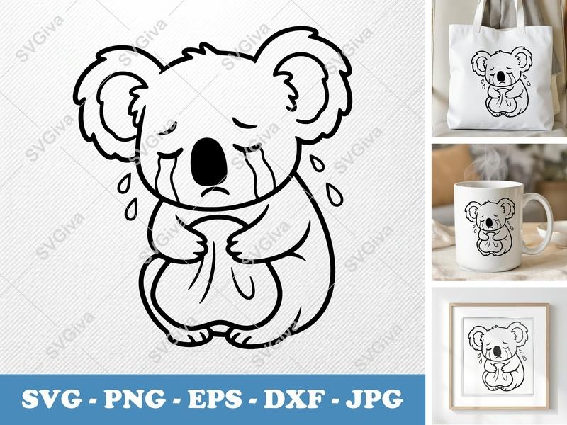 Koala Crying SVG, Sad Koala Bear PNG, EPS, DXF | Cute Animal Cut File for Cricut & Silhouette | Modern Line Art