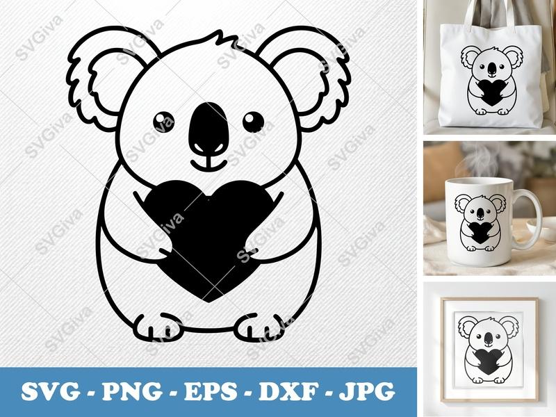 Koala holding a heart SVG | Friendly Rounded Body Bean-Shaped Koala | SVG PNG DXF EPS | Cricut Silhouette File
