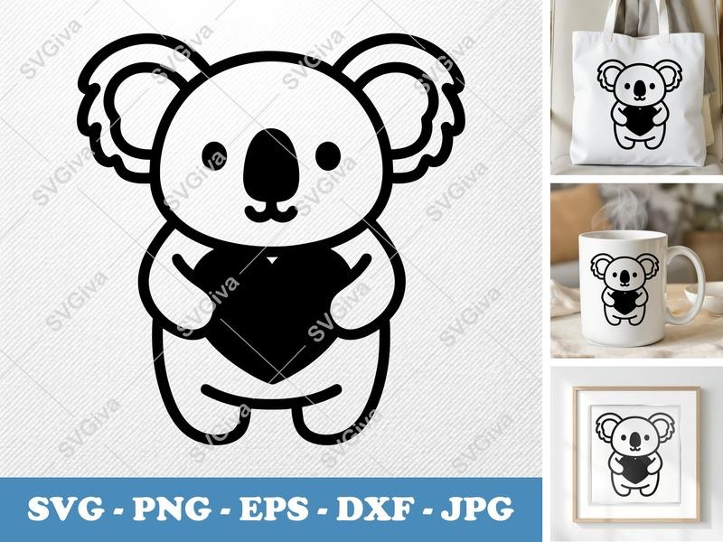 Koala Holding Heart SVG | Puffy Pillow-Soft Style | PNG DXF EPS | Cricut Silhouette File