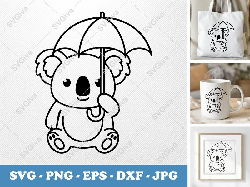 Koala holding umbrella SVG | Friendly Rounded Body Bean-Shaped Forms | PNG DXF EPS | Cricut Silhouette File