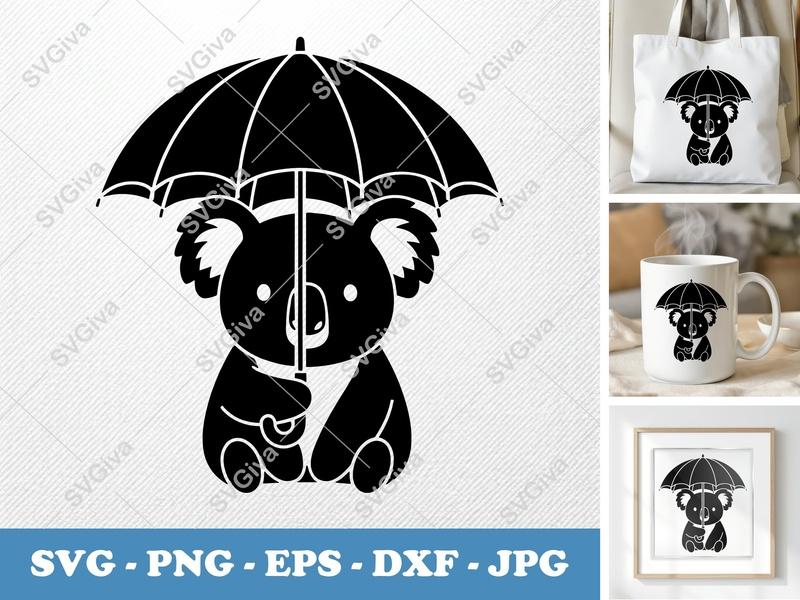 Koala Holding Umbrella SVG | Puffy Shapes, Pillow-Soft | PNG DXF EPS | Cricut Silhouette File