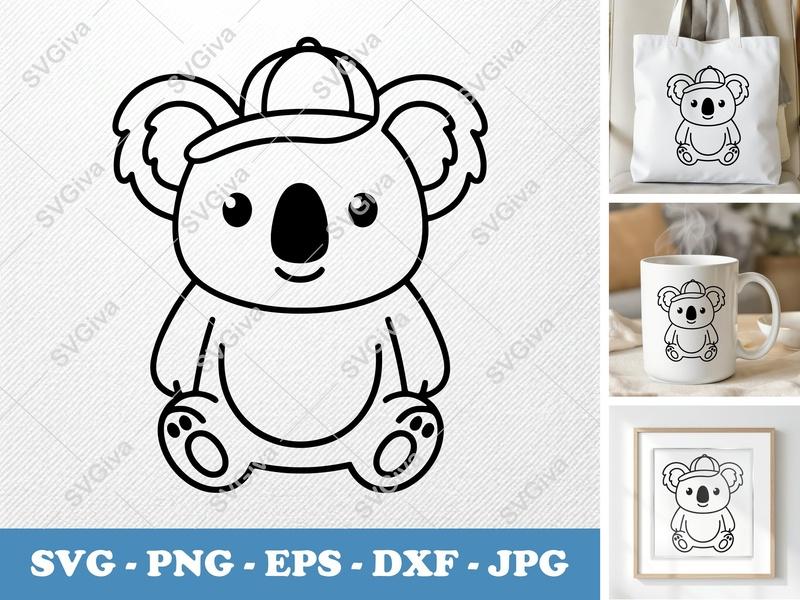 Koala in a Cap SVG | Cute Rounded Friendly Koala | PNG DXF EPS | Cricut Silhouette | Bean-Shaped Animal Cut File