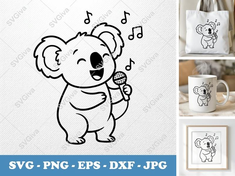 Koala Singing SVG | Cartoon Friendly Bean-Shaped Cut File | PNG DXF EPS for Cricut Silhouette