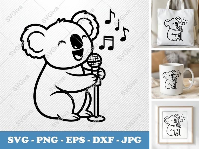 Koala Singing SVG, Cute Bear with Microphone PNG, EPS, DXF | Music Notes Clip Art for Cricut, Silhouette | Modern Animal Cut File
