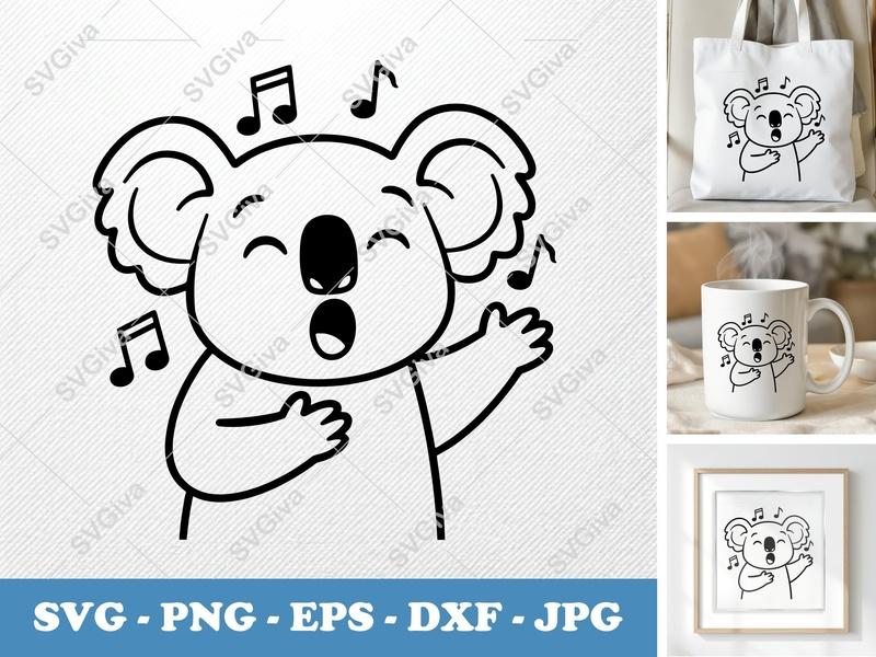 Koala Singing SVG, Music Koala PNG, EPS, DXF | Cute Animal Cut File for Cricut, Silhouette | Modern Song Notes Clip Art