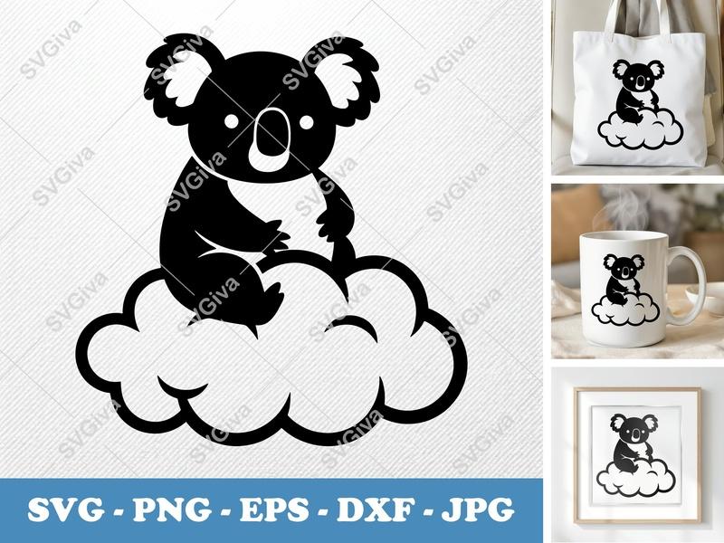 Koala Sitting on Cloud SVG | Puffy Soft Shapes PNG DXF EPS | Cricut Silhouette Cut File