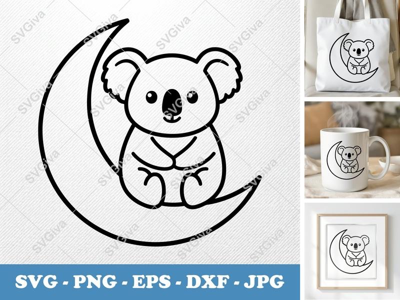 Koala Sitting on Moon SVG | Friendly Rounded Body Bean-Shaped Forms | PNG DXF EPS | Cricut Silhouette File