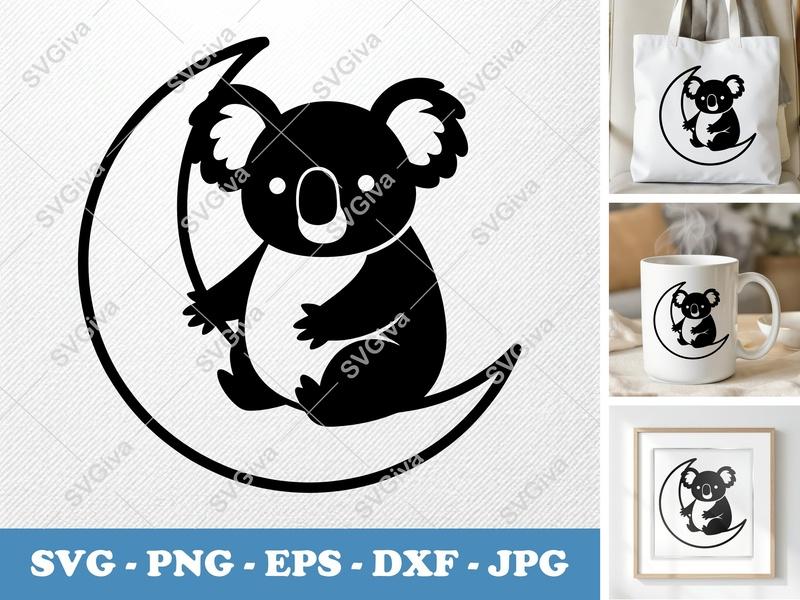 Koala Sitting on Moon SVG | Puffy Shapes, Pillow-Soft | PNG, DXF, EPS Cut File for Cricut, Silhouette