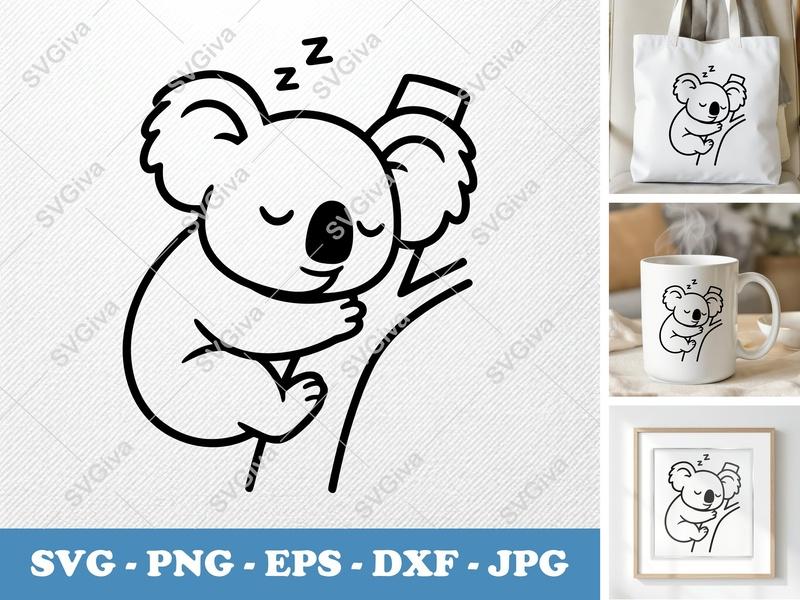 Koala Sleeping SVG, Cute Koala Bear on Branch PNG EPS DXF, Modern Animal Cut File for Cricut & Silhouette