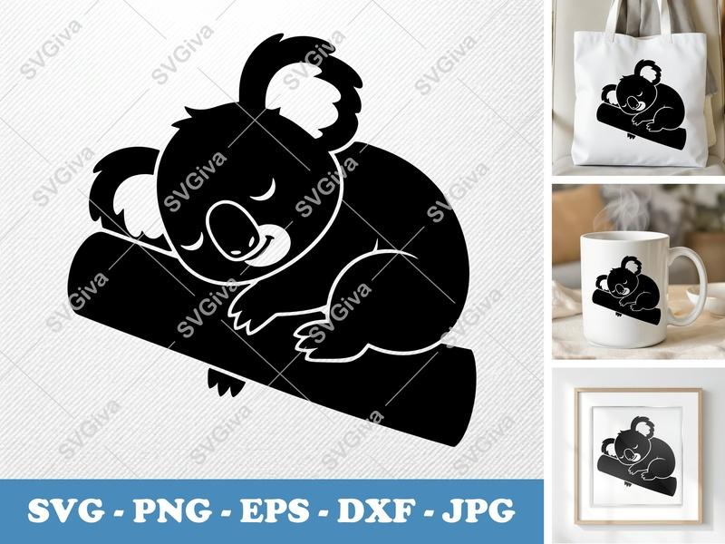 Koala Sleeping SVG | Cute Koala on Branch Cut File, PNG, EPS, DXF for Cricut & Silhouette, Animal Clipart, Baby Nursery Art