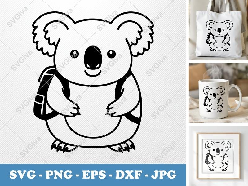 Koala SVG Backpack | Modern Clean Cut File for Cricut & Silhouette | PNG EPS DXF | Animal Clipart Vector