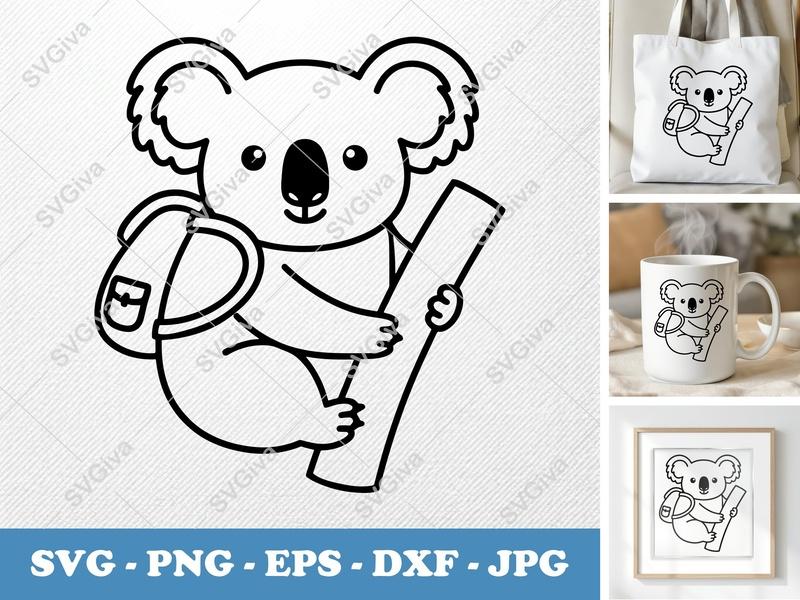 Koala SVG Backpack on Branch | Modern Line Art Cut File | PNG EPS DXF for Cricut & Silhouette | Cute Animal Vector Clipart