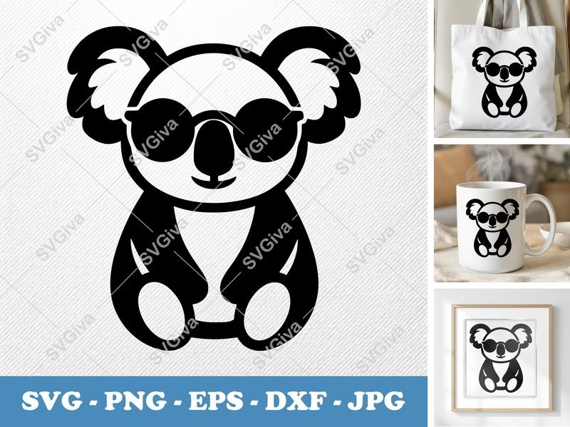 Koala SVG | Cool Koala with Sunglasses Cut File | Modern Animal Vector | PNG, EPS, DXF for Cricut & Silhouette