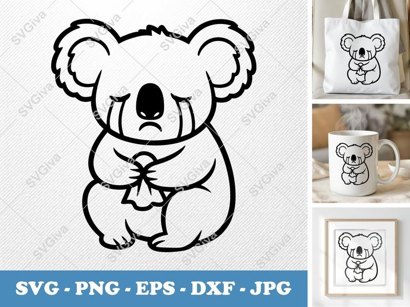 Koala SVG Crying Sad Koala Cut File | PNG EPS DXF | Cricut Silhouette Design | Cute Koala Clipart Vector