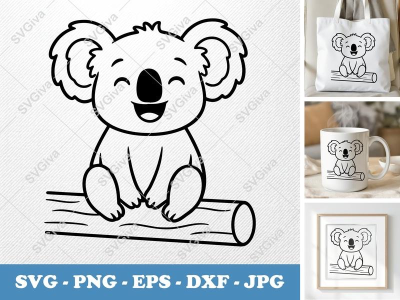 Koala SVG Cut File | Cute Smiling Koala on Branch | PNG EPS DXF for Cricut & Silhouette | Animal Clipart Vector
