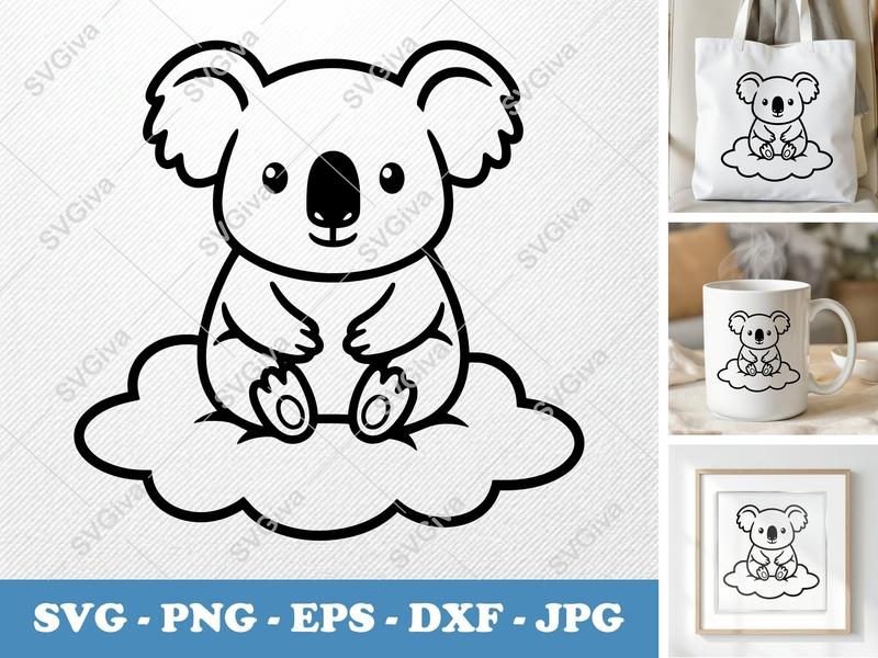 Koala SVG, Cute Cloud Koala Cut File, Modern Animal Clip Art | PNG EPS DXF | Cricut Silhouette Design