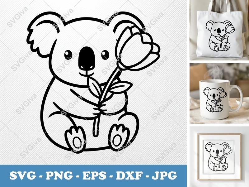 Koala SVG, Cute Koala with Flower, Modern Animal Clipart | PNG EPS DXF | Cricut Silhouette Cut File, Baby Shower Decor